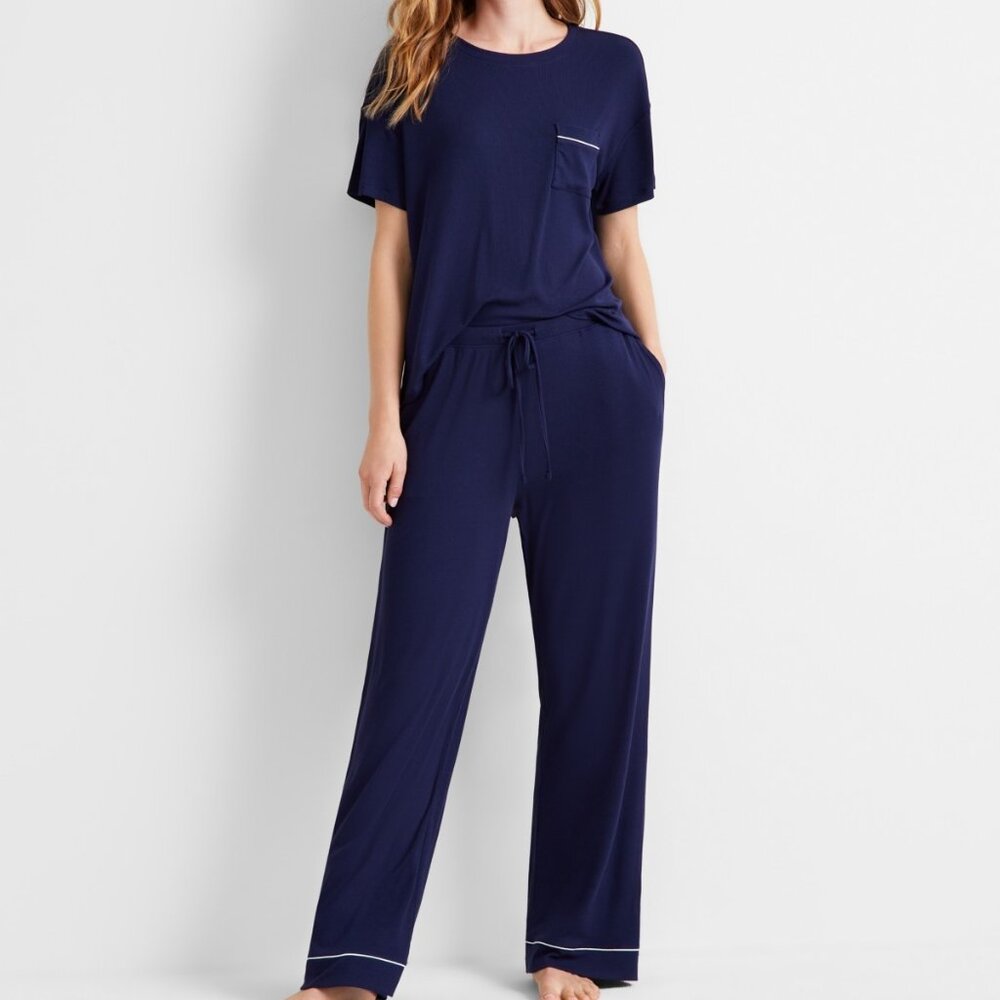#58. State of Day Ribbed-Knit Pajama Set  Navy Blaze